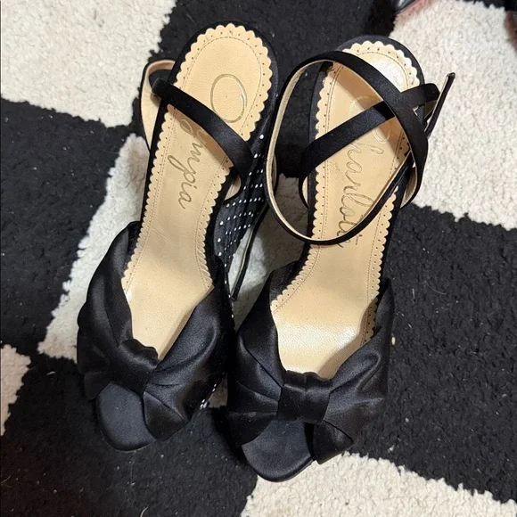 Elegant Black Satin Wedge Sandals - Picture 2 of 4